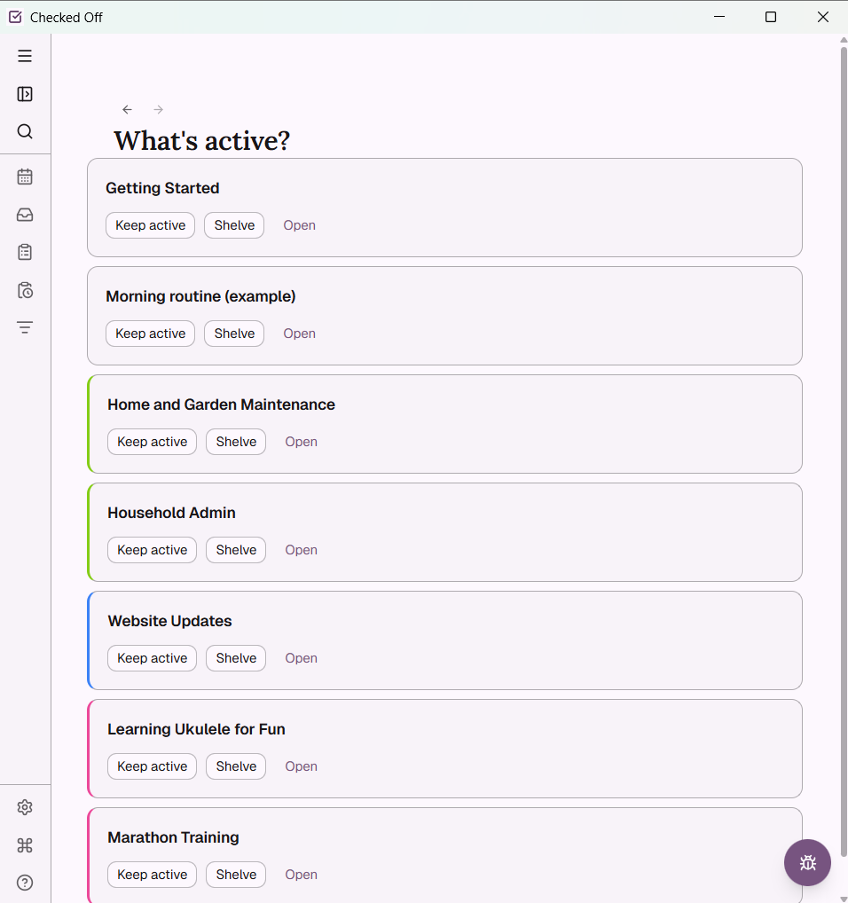 The What's active screen, showing project cards with keep active, shelve, and open options