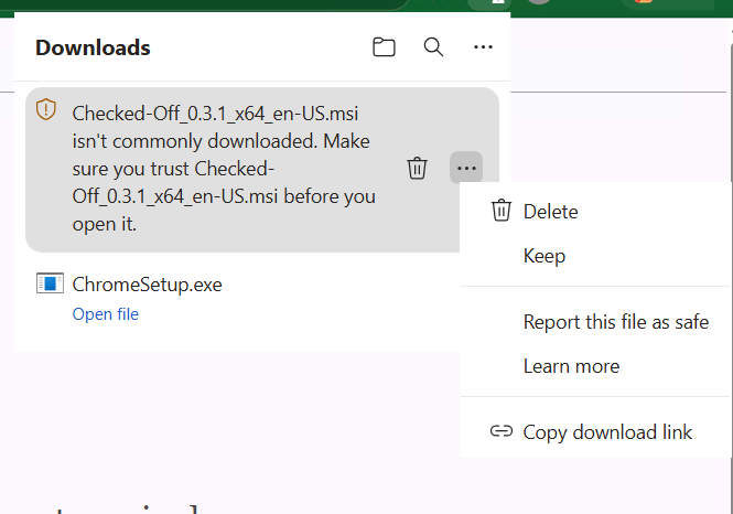 Edge download menu with Keep option