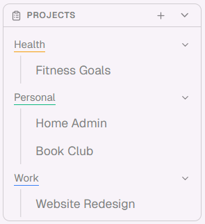 Projects sidebar grouped by domain