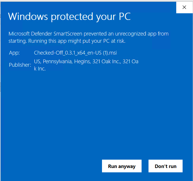 Windows SmartScreen dialog showing Run anyway and the 321 Oak Inc. publisher field