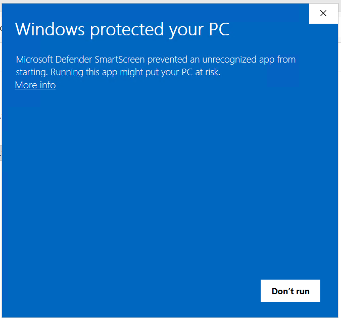 Windows protected your PC dialog