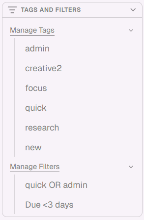 Tags and filters sidebar