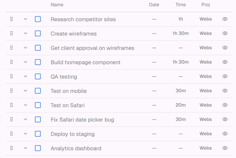 Task list table view